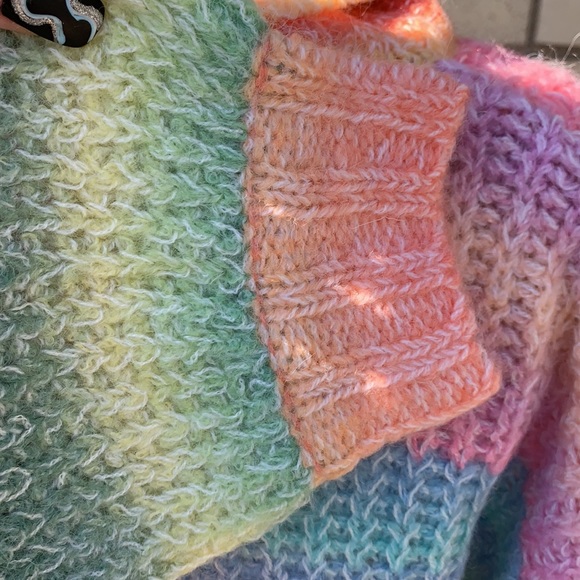 Love Riche Coral Pink Blue Rainbow Stripe Cow Neck Oversized Sweater NWT - Picture 9 of 11